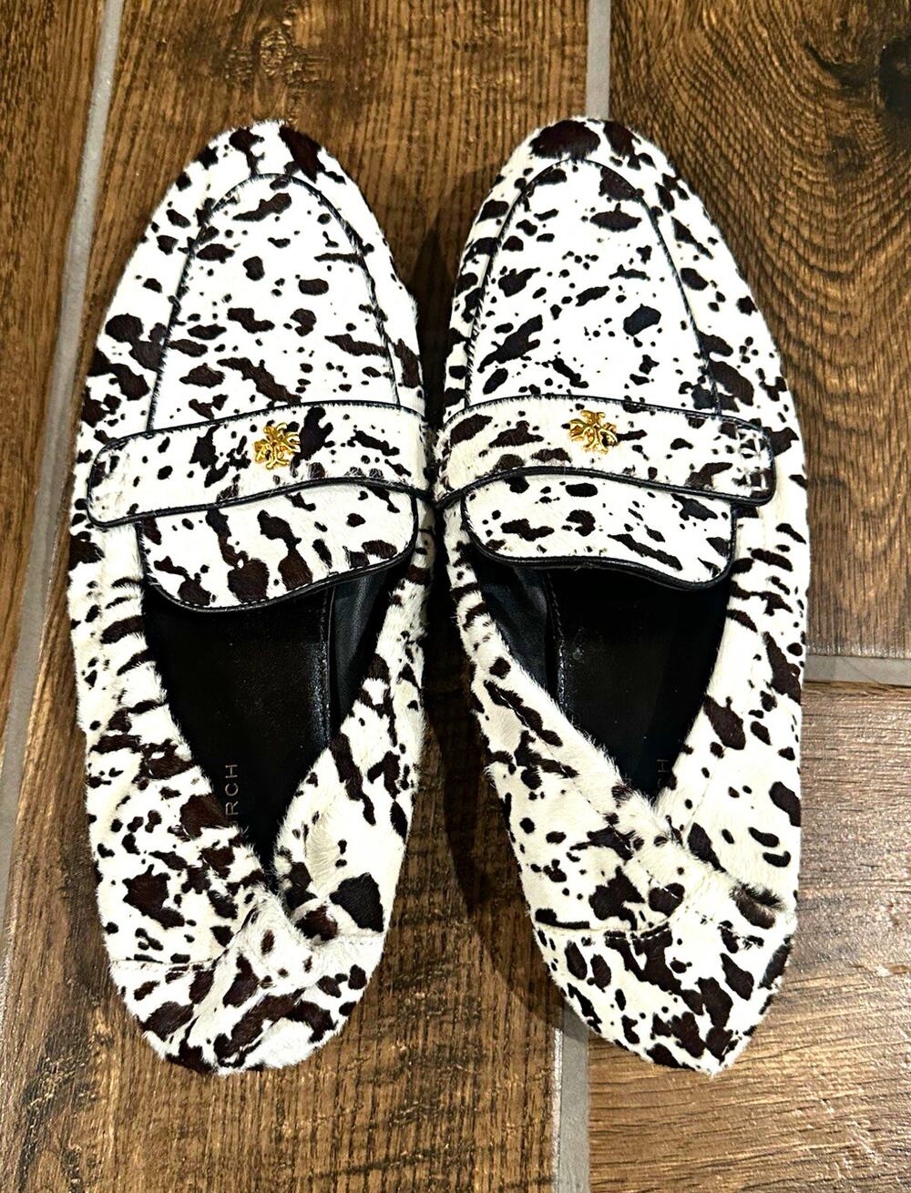 Tory Burch Animal Print Fur Loafer Flats Black White Womens 6.5M- perfect cond!
